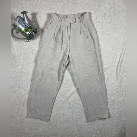 H&M Linen Blend Pleated Light Beige Highrise Cropped Pants Size 4 - Picture 2 of 9